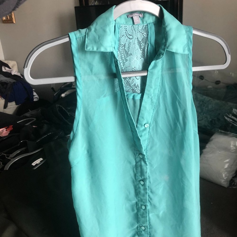 Teal lace panel sleeveless button-up